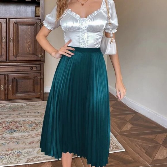 teal blue Pleated Satin Midi Skirt Evening classy - Picture 1 of 6